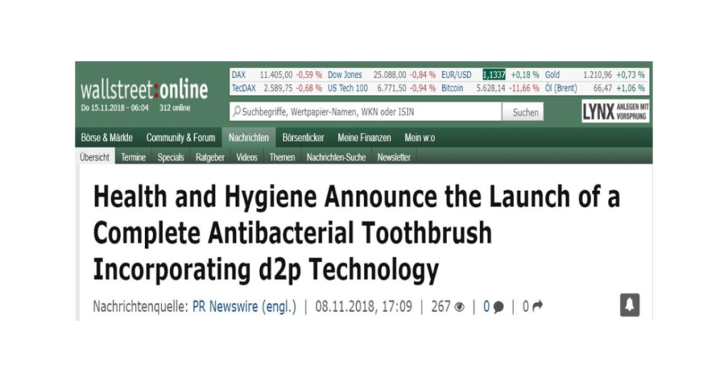 Health and Hygiene Announce the Launch of a Complete Antibacterial Toothbrush Incorporating d2p Technology